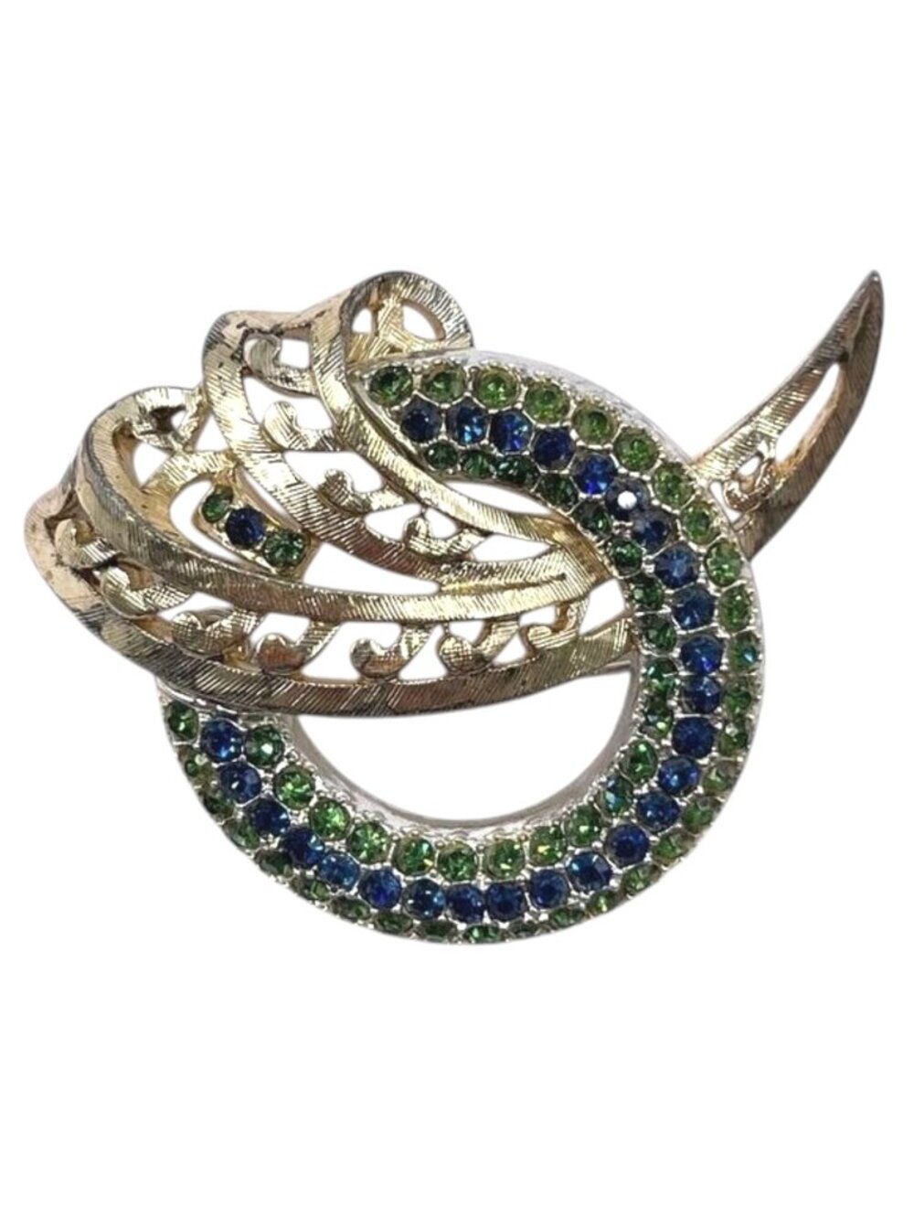 Vintage Rousseau Brooch Round Gold Tone Green Blue Rhinestones 2.25" 1950s 1960s